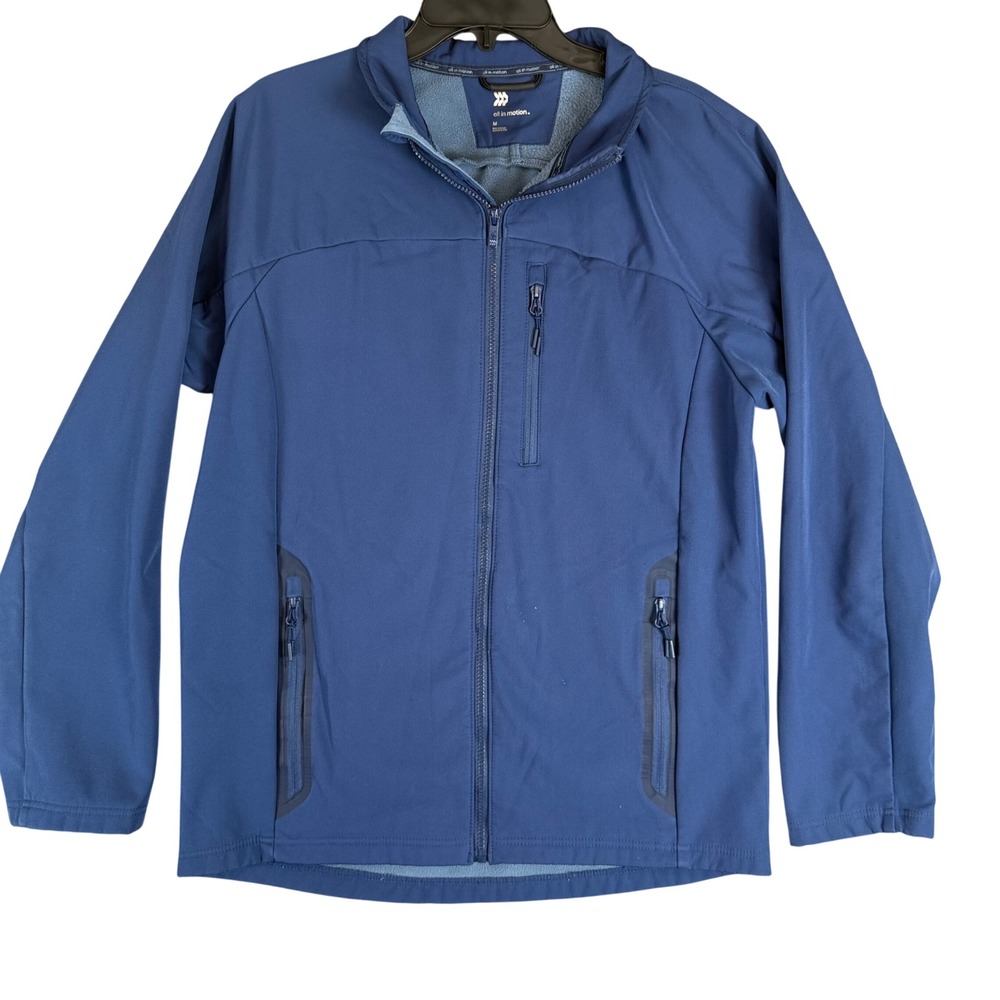 All In Motion Mens Softshell Fleece Lined Jacket Blue Full Zip Mock Sz M NOTE